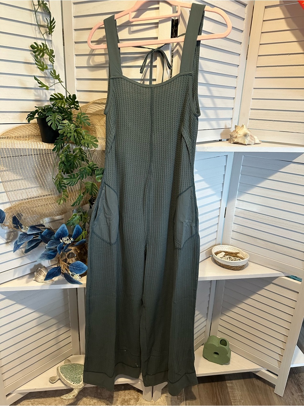Zenana Outfitters Dark Sage Waffle Cotton Jumpsuit Romper - Picture 4 of 7